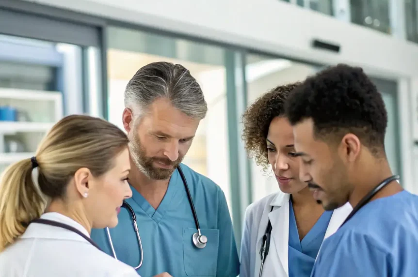 A diverse team of healthcare professionals engaged in a training session, learning about the latest advancements in patient care and technology.